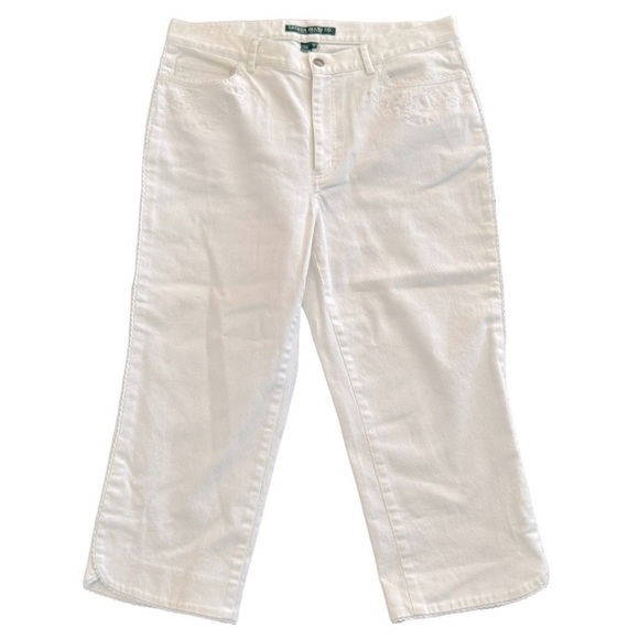 RALPH LAUREN Sevilla Cropped White Scalloped Hem Floral Embroidered Jean Size 12 - Picture 1 of 12